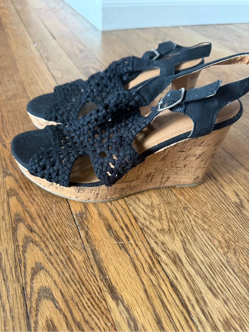 Black Woven Cork Wedge Sandals - Women size 8